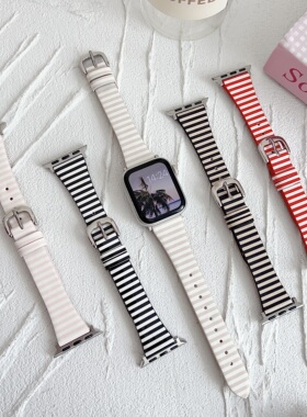 适用苹果手表带iWatch11S10/S9/S8/S7/S654/SE2/Ultra3条纹皮腕带