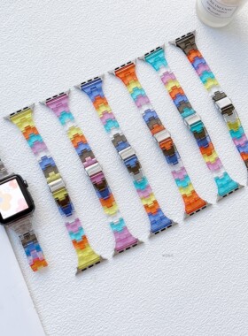 适用苹果iwatch7/8代SE65432冰川透明彩虹拼色手表带49mm细款链式