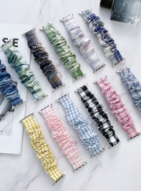 适用iwatch11/S10987654苹果手表SE3格子纹大肠发圈弹力表带Ultra