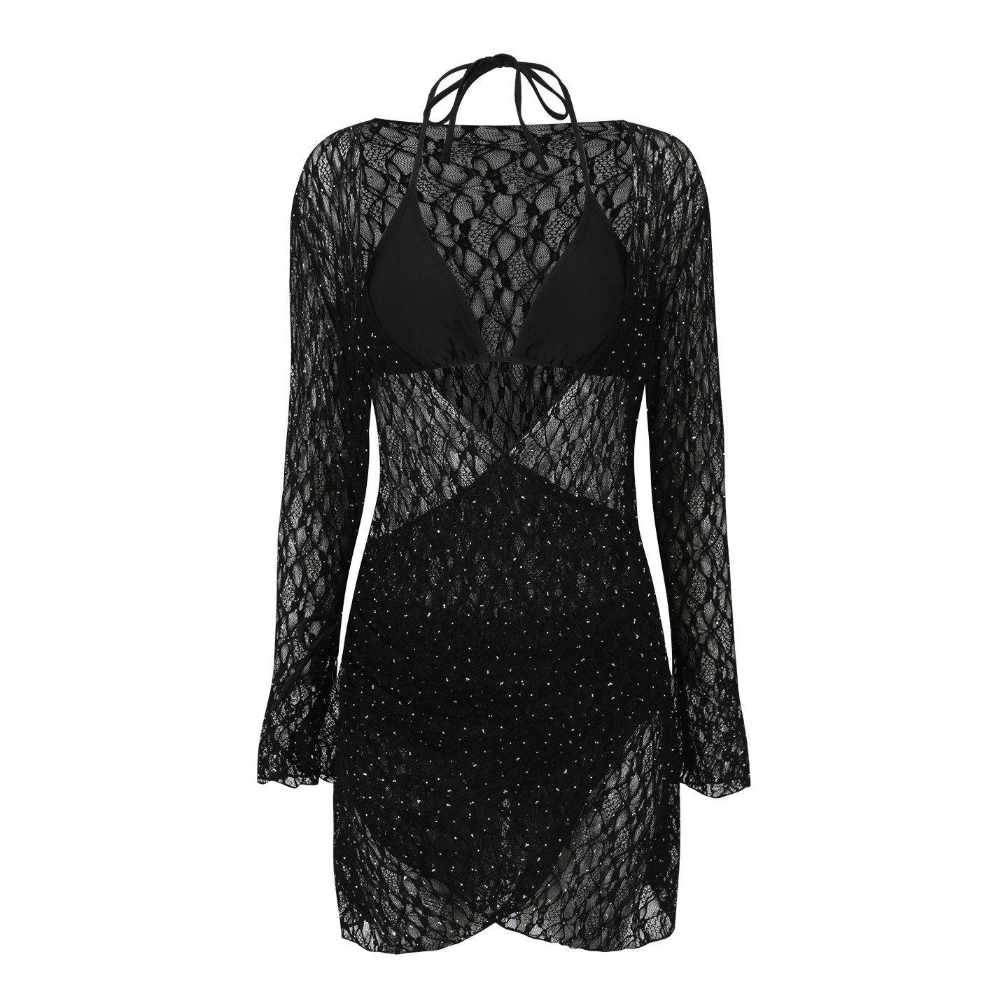 黑色性感V领大码泳衣女比基尼三件套高级感微胖mm度假绝美泡温泉