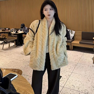 2025冬季新品仿金叶貂环保皮草外套宽松人字纹显瘦高级感毛毛大衣