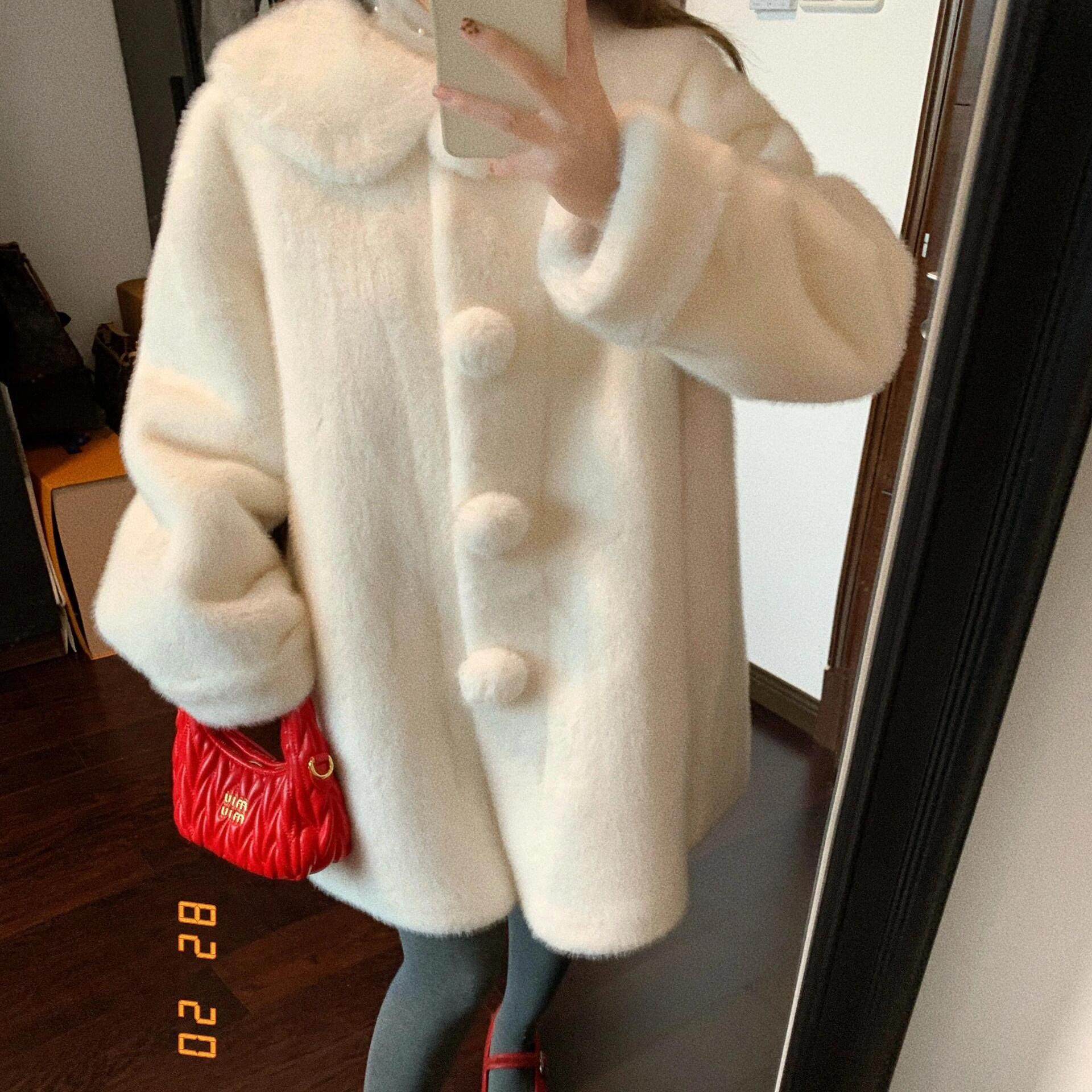 可爱千金仿水貂毛毛外套女中长款