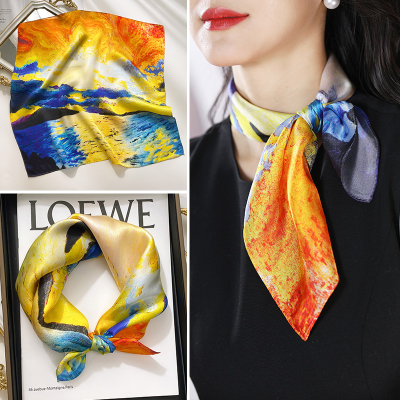 真丝小方巾女油画丝巾丝绸秋冬季