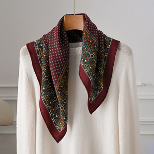 红色真丝羊毛丝巾小方巾女士秋冬季轻奢高级感羊绒短围巾复古高端