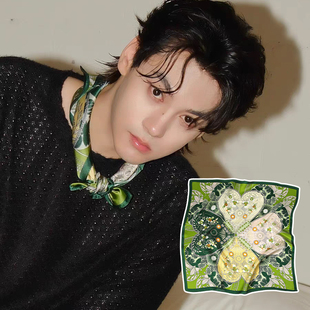 田栩宁同款丝巾绿色小方巾男士围巾女秋冬系脖高级感领巾杭州丝绸