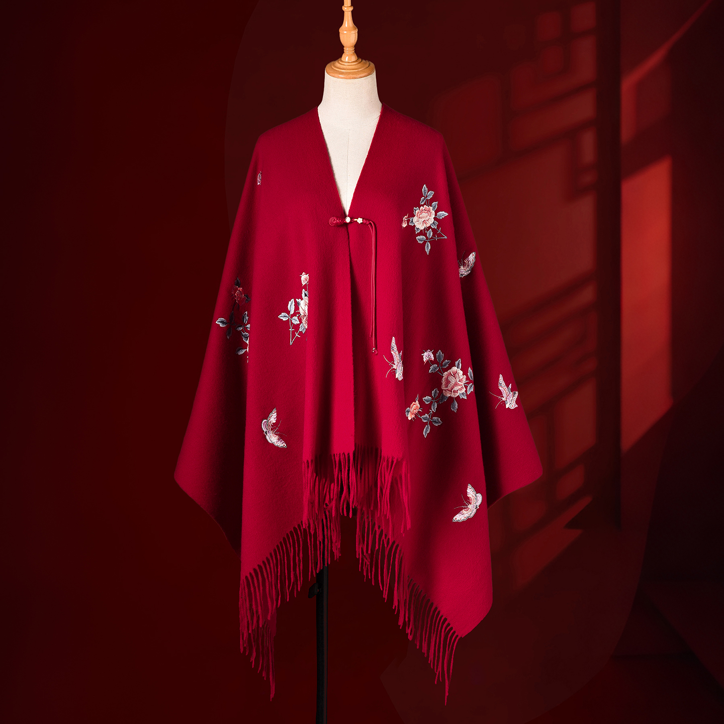 红色羊毛披肩旗袍羊绒围巾送妈妈婆婆老年人生日本命年礼物新中式