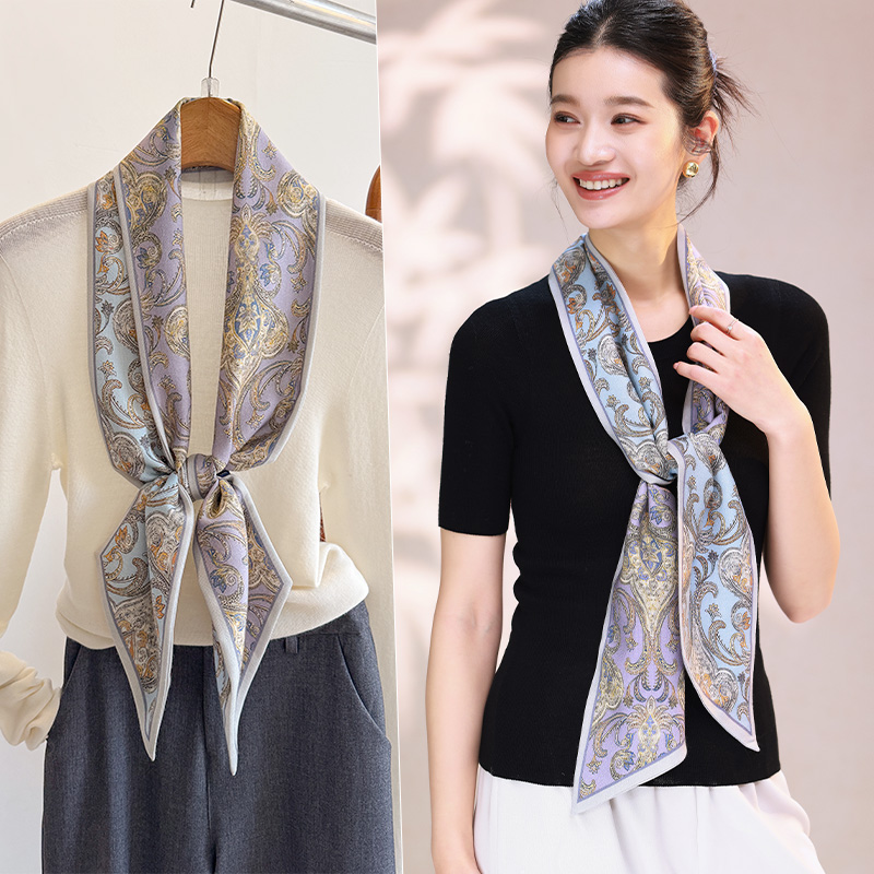丝巾女2025新款紫色真丝细窄围巾小长条高级感老钱风搭配衬衫秋冬