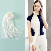 丝巾女士秋冬季 小长条白色真丝围巾纱巾护颈轻奢高级感薄款 杭州春