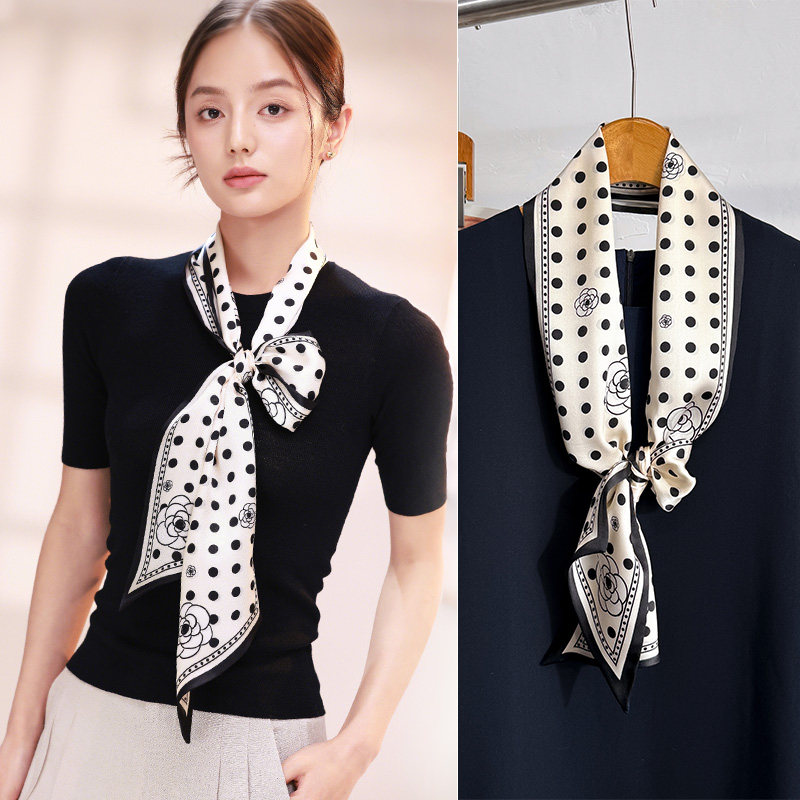 黑白波点丝巾女士2026新款春季小长条围巾高级感搭配衬衫高端杭州