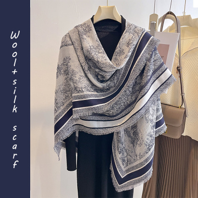 真丝羊毛丝巾羊绒披肩围巾外搭斗篷高端轻薄女款2025新款冬高级感