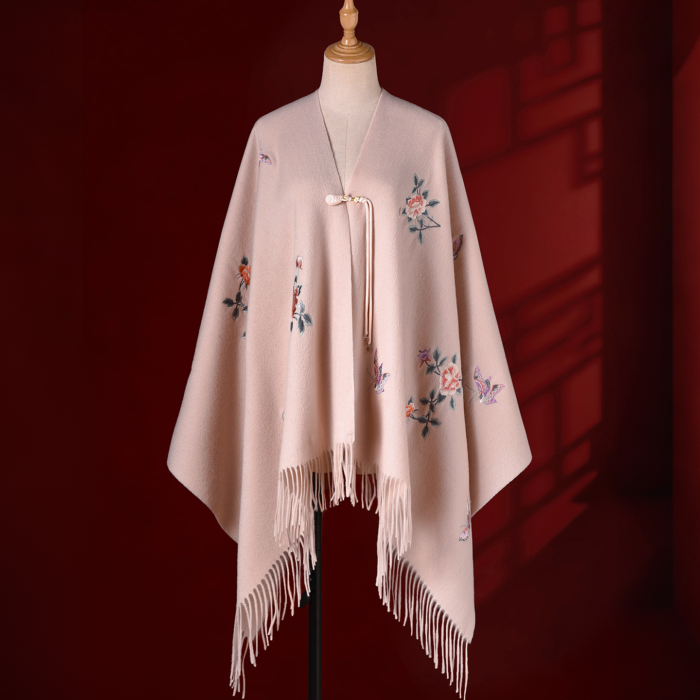 粉色羊毛大披肩旗袍羊绒围巾送妈妈婆婆老年人生日礼物新中式披风