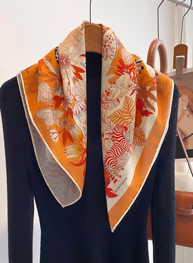 橙色真丝羊毛小方巾丝巾女士秋冬季羊绒短围巾薄款大牌高级感高端