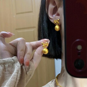 古法黄金色蝴蝶结金珠珠耳环耳钉