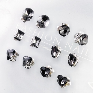 爆款K9钻石黑成品美甲堆钻大号超闪歪心长方肥方镶珍珠指甲装饰