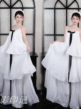 影楼新款法式晚礼服仙女风白色抹胸轻婚纱蝴蝶结超仙绝美晨袍小众