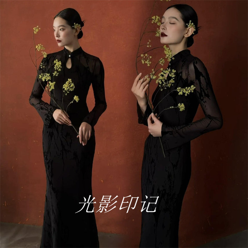 新中式改良旗袍盘扣长袖连衣裙秋冬复古黑色气质收腰显瘦鱼尾长裙