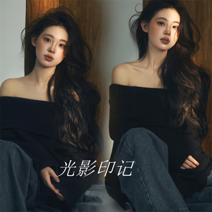 影楼新款纯欲风纯欲肖像黑色私房毛衣时尚写真个性艺术照摄影服装