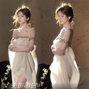夏季 影楼写真白色网纱一字肩连衣裙女装 高级感海边度假长裙两件套