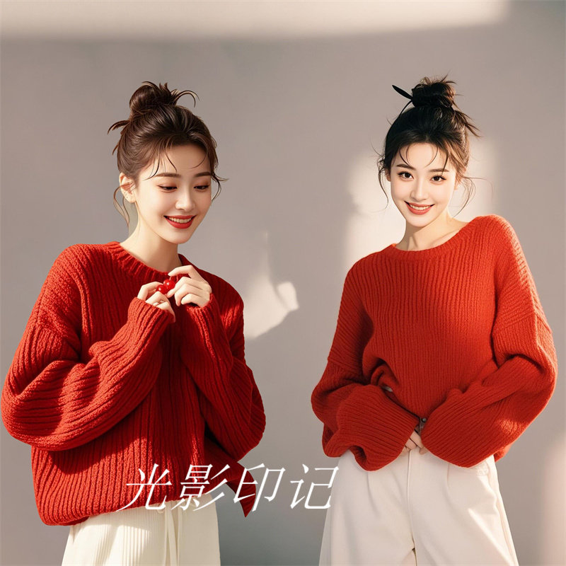 秋冬影楼个人写真风拍照主题慵懒氛围感红色毛衣少女新年摄影服装