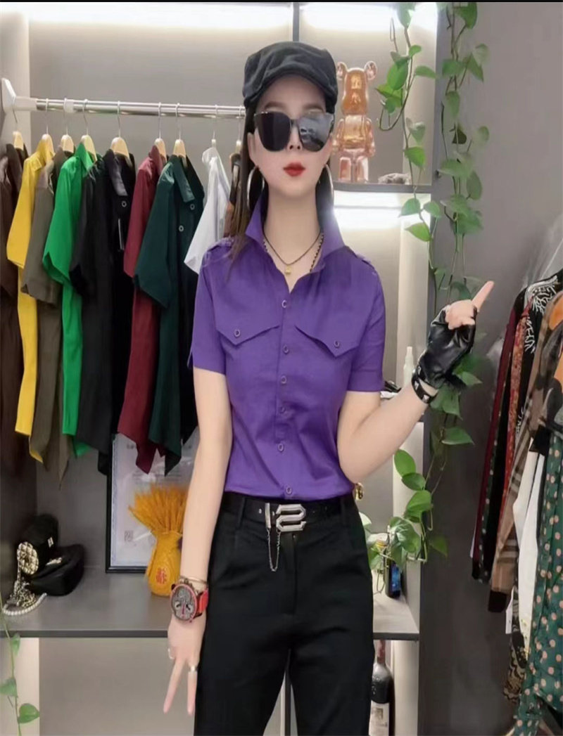 糖果色方领短袖棉质单排扣修身显瘦弹力棉质衬衣女装夏季新品衬衫