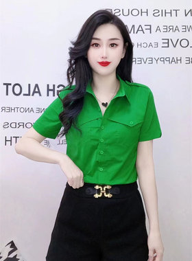 夏季新品方领短袖单排扣彩色舒适透气小众棉质衬衫女装时髦百搭潮
