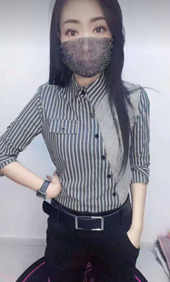 欧洲站新品方领长袖条纹棉质衬衫女洋气百搭休闲单排扣常规修身潮