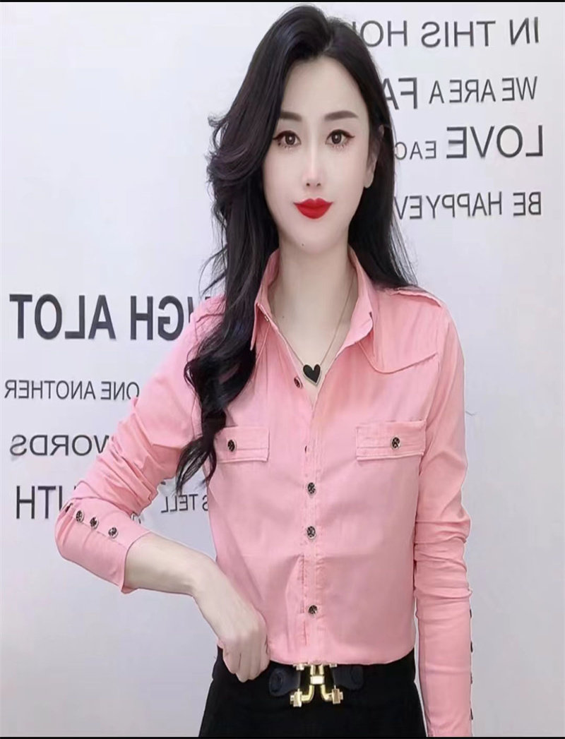 原创个性糖果色方领单排扣舒适微弹棉质修身弹力职业优雅衬衫女装