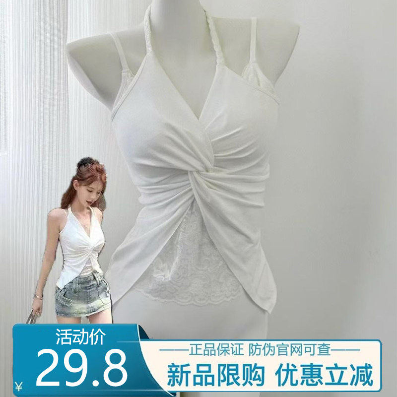 黑色美背v领挂脖吊带背心女外穿夏辣妹蕾丝拼接带胸垫无袖上衣女