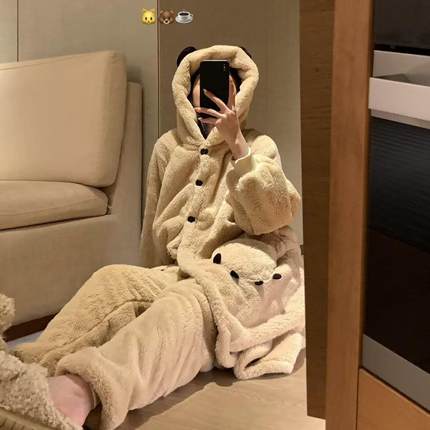 METWO可爱卡通小熊连帽珊瑚绒睡衣女冬季加厚加绒居家服套装保暖