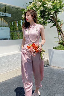 高级感真丝复古名媛无袖马甲立领盘扣+九分裤提花两件套套装