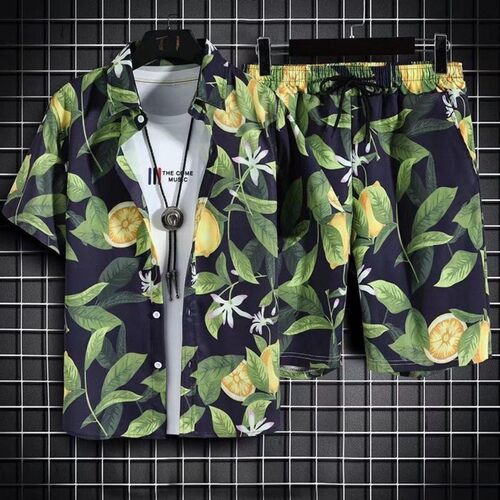 26夏威夷沙滩套装男女个性印花短袖衬衫海边休闲度假短裤衬衣碎花