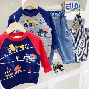 童装毛衣2025春冬新款男童工程车提花细棉线衣儿童插肩袖套头衫