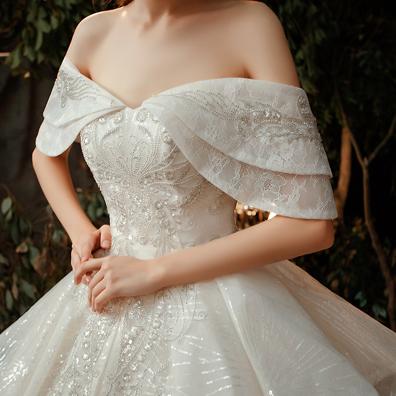 一字肩婚纱礼服2020新款新娘星空拖尾奢华孕妇大码遮孕肚气质显瘦