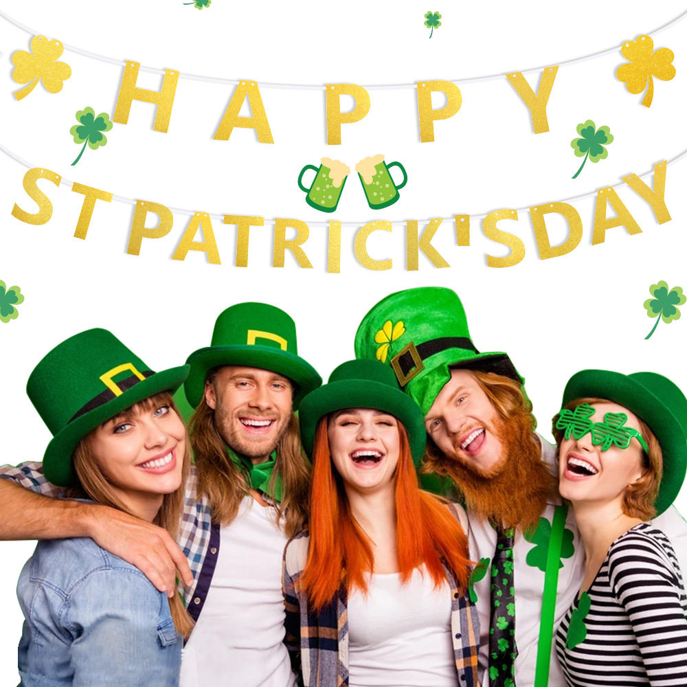 d2爱尔兰圣帕特里克节装饰金色幸运草拉旗吊饰三叶草金粉字母拉花