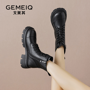 戈美其厚底真皮马丁靴女2025春季 松糕厚底炸街英伦风高跟短靴 新款