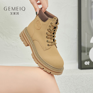 厚底粗跟炸街短靴系带潮ins 新款 戈美其马丁靴女款 大黄靴2025新款