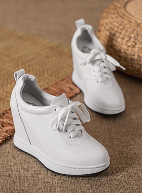 北西迪白色11CM内增高单鞋女春真皮松糕底百搭坡跟厚底休闲小白鞋