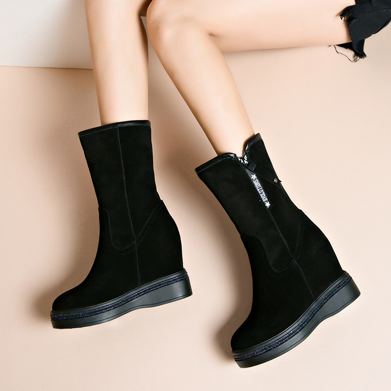 靴子女真皮雪地靴女冬季磨砂皮10cm内增高中筒靴百搭坡跟大棉女靴