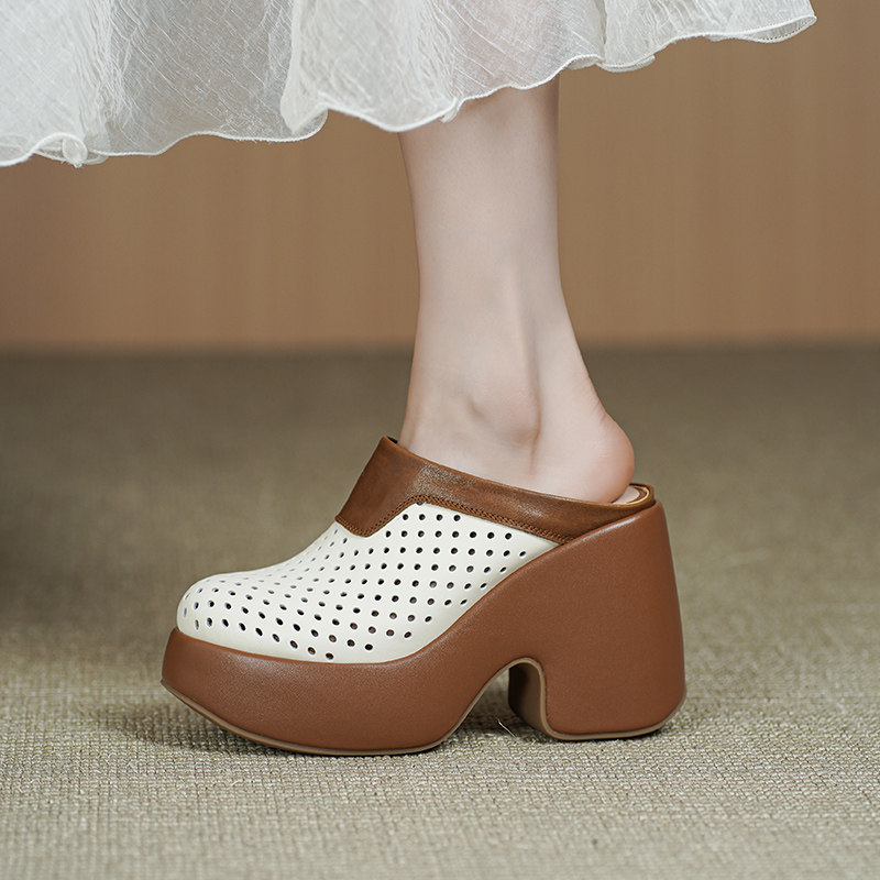 北西迪10CM真皮包头厚底坡跟凉拖鞋女夏拼色松糕底休闲无后跟单鞋