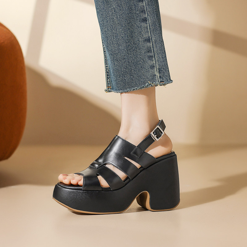 北西迪10CM真皮露趾厚底坡跟凉鞋女夏季粉色一字带松糕罗马休闲鞋