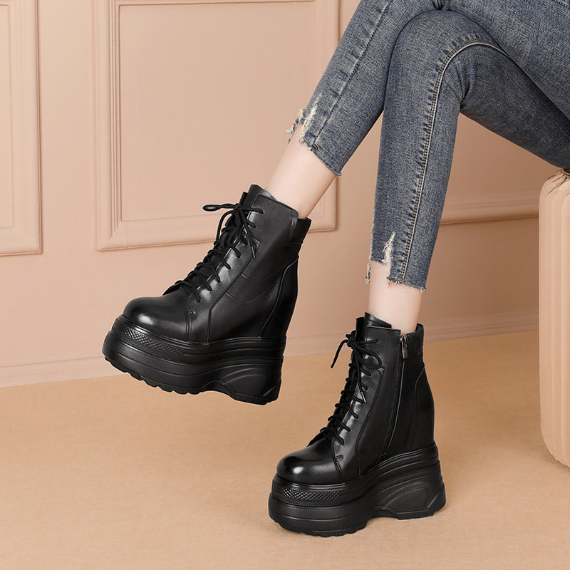 真皮14CM内增高马丁靴女秋冬百搭休闲松糕女靴厚底特高跟坡跟短靴