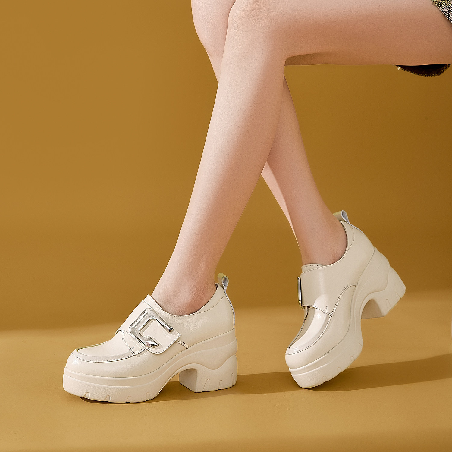 北西迪8CM松糕鞋女春秋单鞋真皮百搭米白色厚底女鞋英伦风小皮鞋,女鞋,松糕（摇摇）鞋,淘宝优惠券,粉丝福利购,淘宝优惠卷