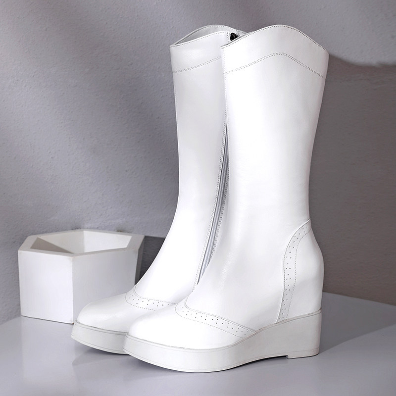 全皮内增高中筒靴女侧拉链v口真皮不过膝长靴白色骑士靴女长筒靴