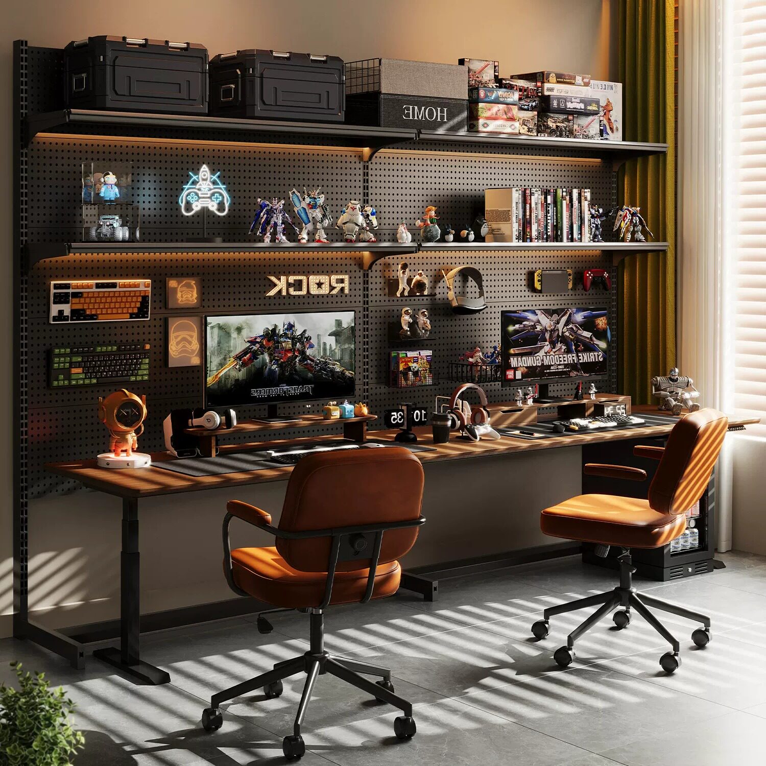 立式双人洞洞板置物架落地金属架电竞房电脑桌面改造免打孔收纳架