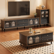 实木电视柜法式复古茶几电视柜组合落地储物柜子客厅家用收纳地柜