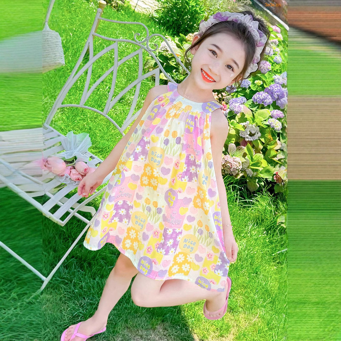 女童外贸度假风A字碎花女童连衣