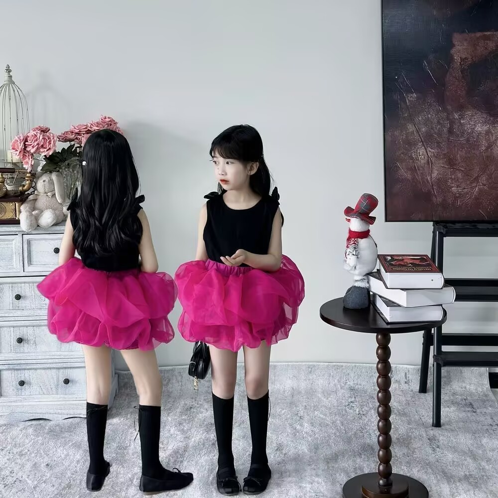 女童套装裙夏季2025新款韩版洋气童装女孩蝴蝶结弹力背心蓬蓬短裙