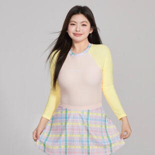 小楠泳衣 两件套微胖显瘦保守泳衣女 多巴胺甜心拼色a字裙连体长袖