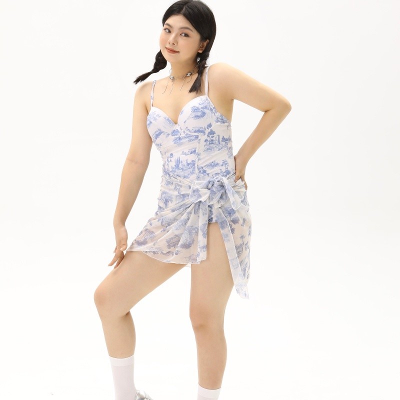 【清仓特价 不退不换】青花瓷性感微胖泳衣女连体遮肉显瘦带批纱