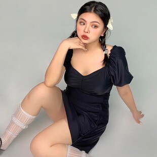 大码 不退不换 连体泳衣女性感一字肩纯欲遮肚显瘦 清仓特价